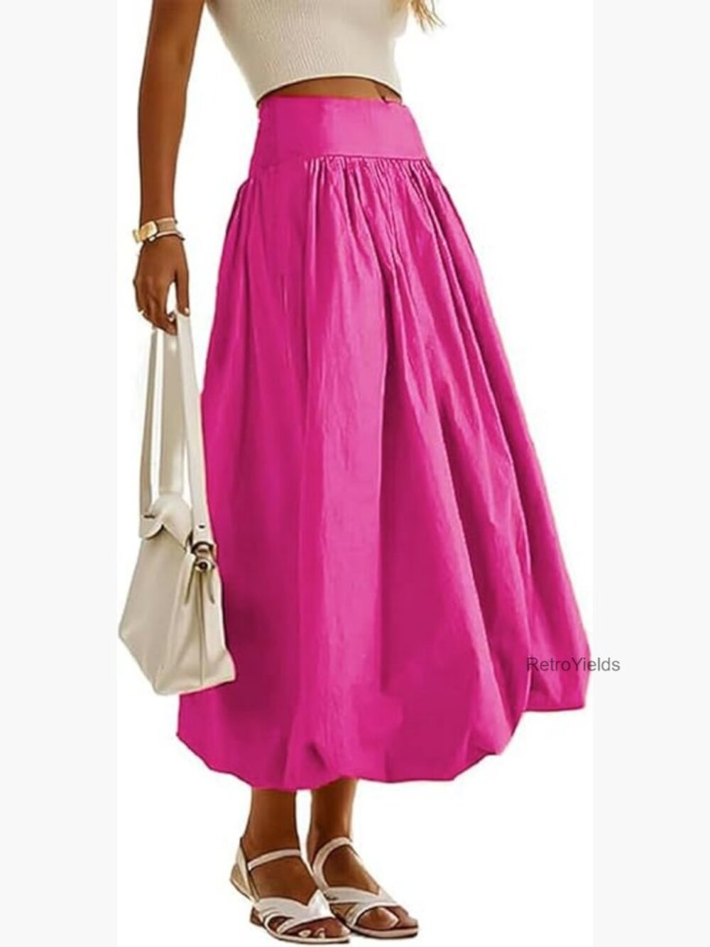 Women's Bubble Maxi Skirt Elastic Waist A-Line Pleated Ruffle Flowy